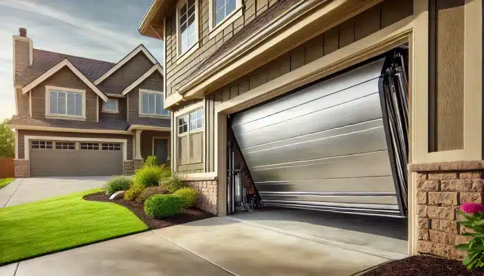 Partially open steel up and over garage door with a retractable mechanism in a modern home, with a clean driveway and landscaping.