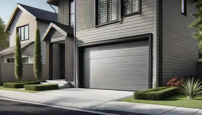 A sleek, modern suburban home with an aluminum up and over garage doors, featuring a minimalist design and retractable mechanism, surrounded by tidy landscaping.