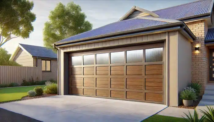 Fully open GRP up and over garage door mimicking timber in a suburban home, with a clean driveway and minimal landscaping.