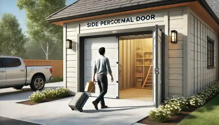 A homeowner using a garage personnel door to easily enter the garage without opening the main door