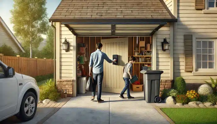 A sleek garage personnel door with a keypad entry system and security lighting for enhanced protection.