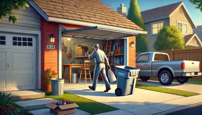 A homeowner using a garage personnel door to take out the trash, showing everyday convenience.