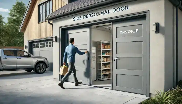 A close-up of a secure garage personnel door with a sturdy deadbolt and security features.